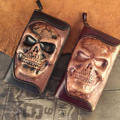 Handmade Genuine Leather Mens Clutch Cool Long Wallet Skull Zipper Clutch Wristlet Wallet for Men