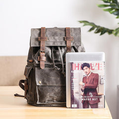 Waxed Canvas Leather Mens Gray Waterproof 15‘’ Large Backpack Travel Backpack College Backpack for Men