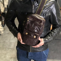 Genuine Leather Mens Cool Chest Bag Sling Bag Coffee Crossbody Pack Sling Pack for men