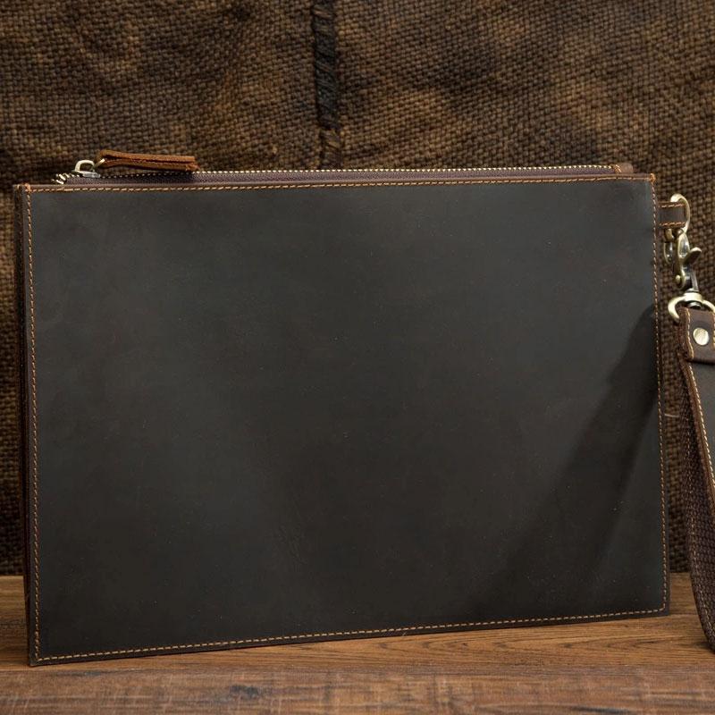 Brown MENS LEATHER SLIM ZIPPER CLUTCH WRISTLET PURSE CLUTCH BAGs FOR MEN