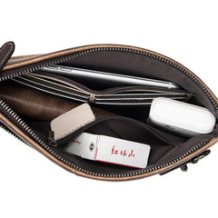 Vintage Tan MENS LEATHER SLIM ZIPPER CLUTCH - Card Slots Detail