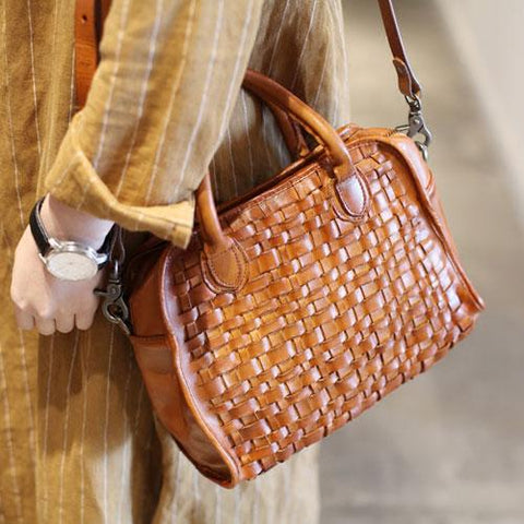 Vintage Womens Brown Braided Leather Handbags Weaved Brown Leather Purse Handbag for Ladies