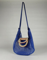 Womens Blue Net Polyester Leather Tote Handbag Purse Polyester Tote Shoulder Bag Purse for Ladies
