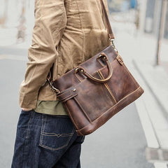 Vintage Dark Brown Mens Leather Briefcase Work Handbags Brown 14'' Computer Briefcase For Men