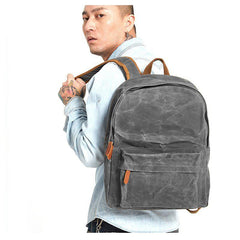 Gray Waxed Canvas Mens Laptop Backpack College Backpack Gray Canvas Travel Backpack for Men