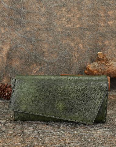 Green Womens Geometry Leather Trifold Long Wallet - Front View