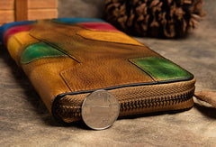 Handmade Long Leather Wallet Stitching Contrast Color Vintage Wallet Zipper Clucth Purse For Men Women
