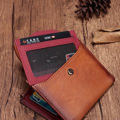 Vintage Brown Leather Womens Bifold Small Wallet Red billfold Wallet for Women