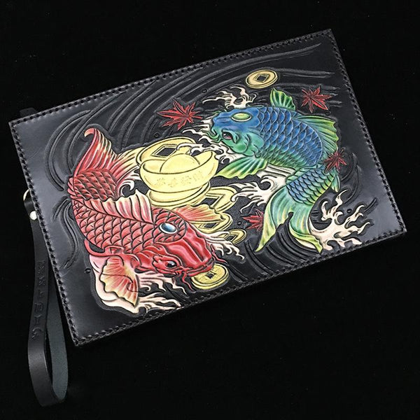 Black Handmade Tooled Leather Double Carps Clutch - Back View