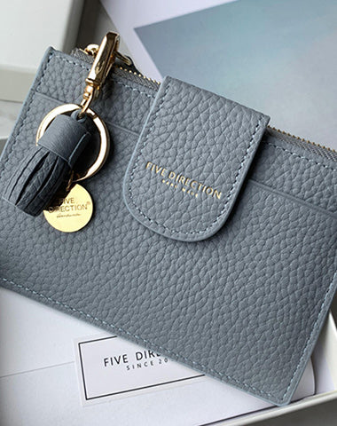 Cute Women Gray Blue Leather Slim Keychain with Card Wallet Card Holder Wallet Change Wallet For Women