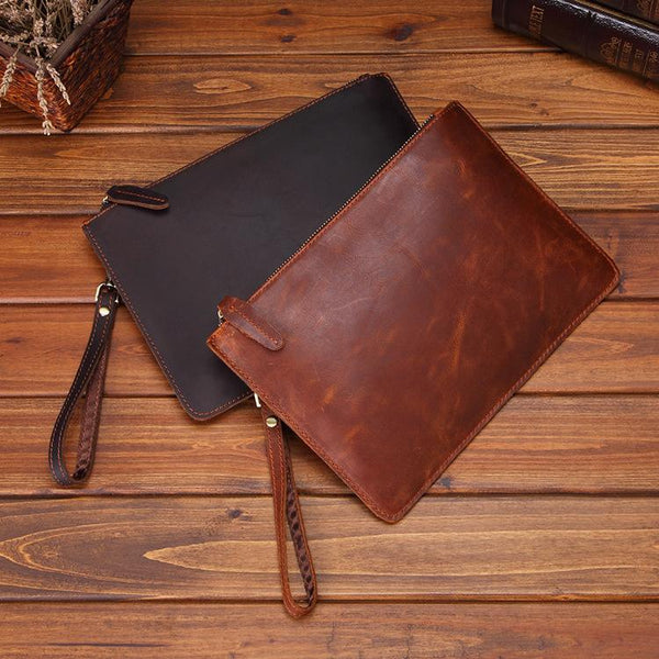 Vintage Brown Leather Men's Wristlet Bag Clutch Bag Mini File Bag For Men