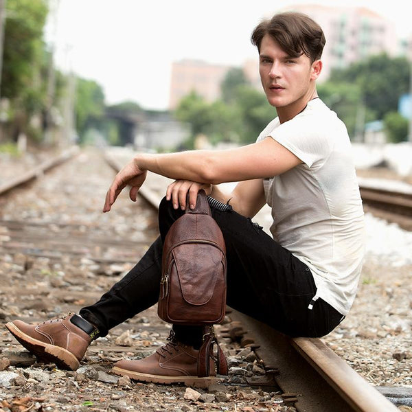 Casual Leather Brown Mens Sling Pack Sling - Back View