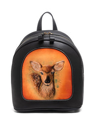 Handmade Ladies Black Leather Small Backpack Sunflower Tooled Womens Leather Rucksack