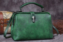 Handmade Green Leather Handbag Vintage Doctor Bag - Chain Detail