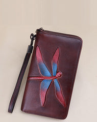 Dragonfly Coffee Leather Wristlet Wallets Womens Zip Around Wallet Ladies Zipper Clutch Wallets for Women