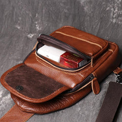 Brown Leather Men's Sling Bag Sling Pack - Card Slots Detail