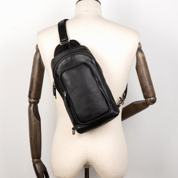 Black Leather Mens Cool Sling Bags Crossbody - Back View