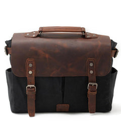 Cool Canvas Leather Mens Side Bag Black Shoulder Bag Khaki Messenger Bag for Men