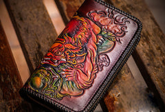 Handmade leather Chinese Lion zip wallet long wallet clutch leather men phone - EverHandmade