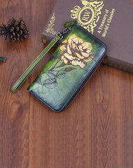 Womens Rose Flower Green Leather Wristlet Wallets Zip Around Wallet Flower Ladies Zipper Clutch Wallet for Women