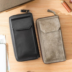 Black Cool Leather Mens Long Wallets Bifold Zipper Gray Long Wallet Card Wallet for Men