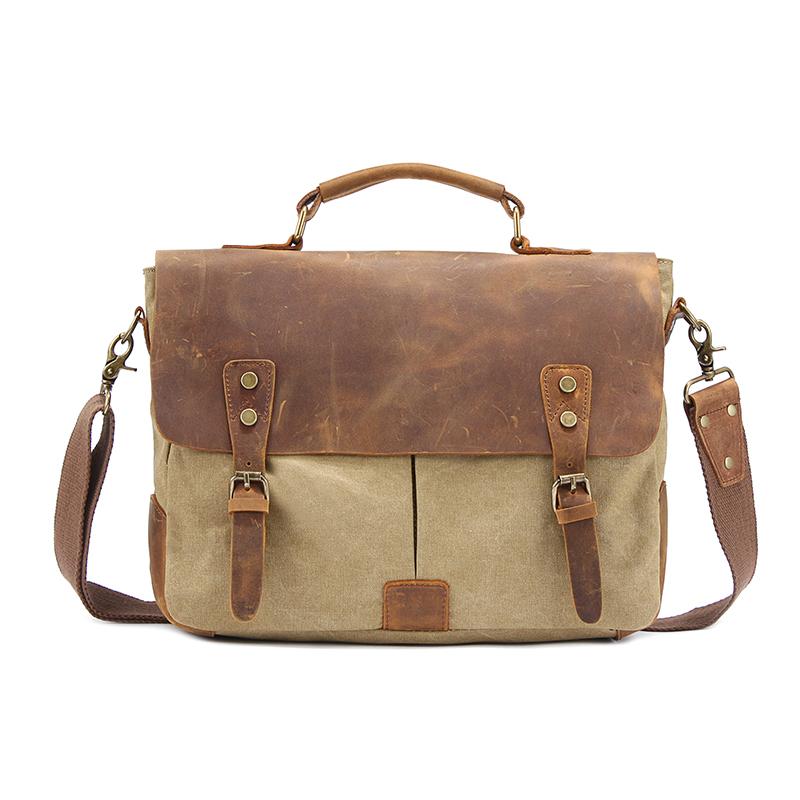 Canvas Leather Mens 14" Simple Khaki Briefcase Side Bag Lake Green Messenger Bag Brown Shoulder Bag for Men