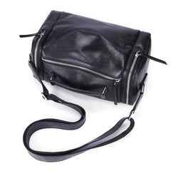 Fashion Black Leather Men's Small Barrel Side Bag Messenger Bag Small Black Overnight Bag For Men