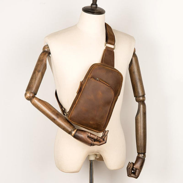 Dark Brown Leather Mens Cool Sling Bags - Back View
