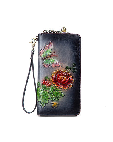 Womens Butterfly&Mums Flower Black Leather Wristlet Wallets Zip Around Wallet Flower Ladies Zipper Clutch Wallet for Women