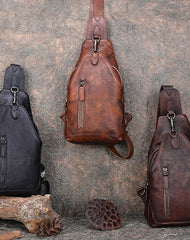 Black Gray Mens Sling Bag Vintage Leather Chest Bag Crossbody Pack for Men