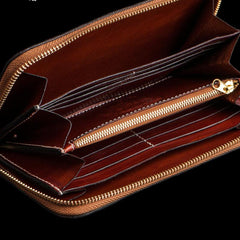Handmade Leather Tooled Mahākāla Mens Zipper Long Wallet Cool Leather Wristlet Wallet for Men