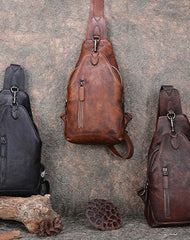 Brown Mens Sling Bag Vintage Leather Chest - Side View
