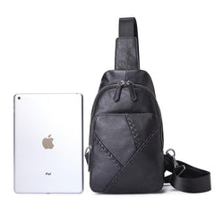 Black Leather Men's 8-inch One shoulder Backpack Sling Bag Black Chest Bag Sports Bag For Men
