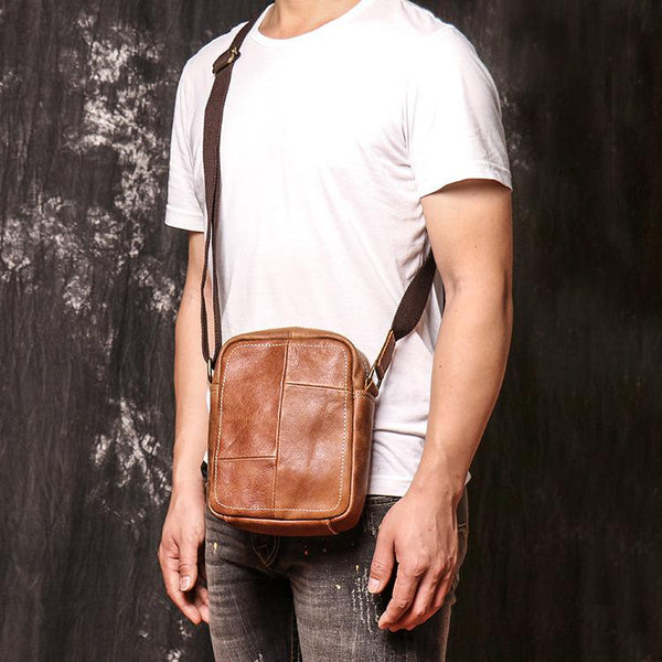 Brown Leather Vertical Messenger Bag Men's Small - Back View