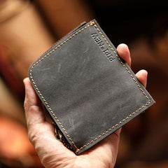 Handmade Slim Black Leather Mens billfold Wallet Zipper Small Wallet Front Pocket Wallet For Men