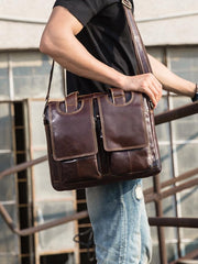 Cool Coffee Leather Mens 13 inches Vertical Briefcase Side Bag Messenger Bags Work Bags Courier Bag for Men