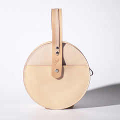 Handmade Womens Beige Leather Circle Handbag Round Purse Crossbody Bag for Women