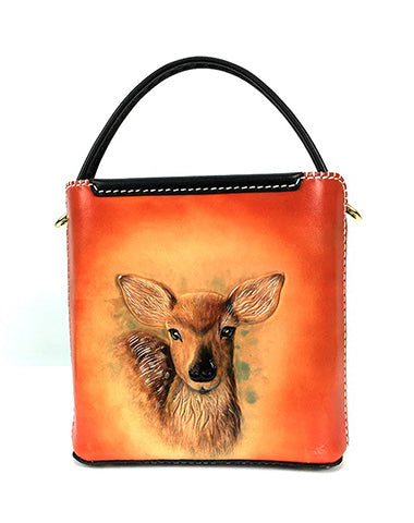 Handmade Womens Tooled Leather Square Handbag Purse Deer Crossbody Bag for Women