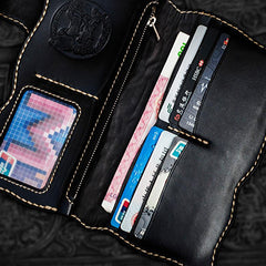 Handmade Leather Black Mens Tooled Skull Chain Biker Wallet Cool Leather Wallet Long Clutch Wallets for Men