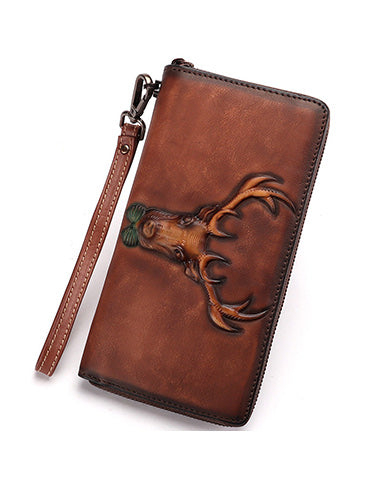 Vintage Reindeer Brown Leather Wristlet Wallets Womens Zip Around Wallet Reindeer Ladies Zipper Clutch Wallets for Women