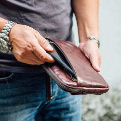 Cool Black Leather Mens Long Wallets Large Zipper Clutch Wallet Coffee Wristlet Clutch Vintage Clutch Purse For Men