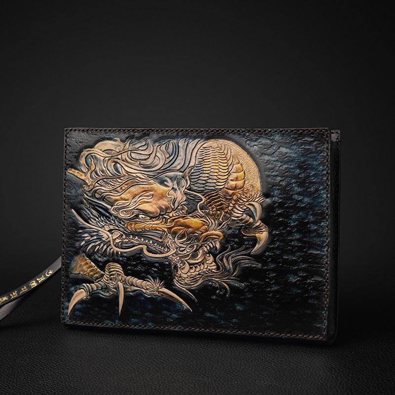 Black Handmade Tooled Leather Chinese Dragon Clutch Wallets Wristlet Bag Clutch Purse For Men