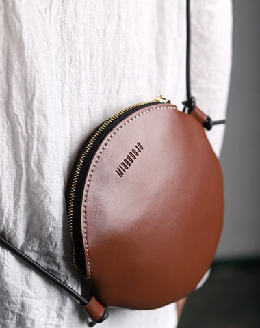 Cute Round LEATHER Slim Side Bag Coffee WOMEN Circle SHOULDER BAG Small Crossbody Purse FOR WOMEN