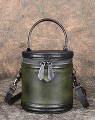 Green Leather Womens Bucket Handbag Barrel Shoulder Bag Crossbody Purse for Ladies