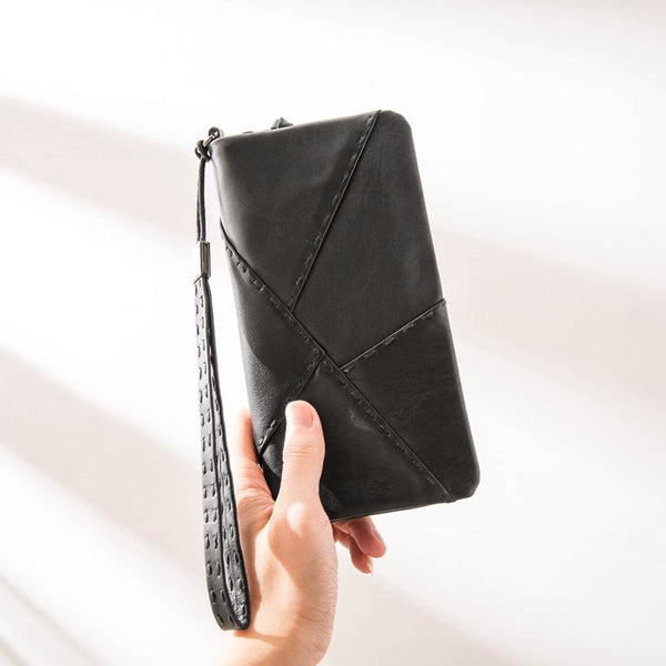 Cool Black Leather Mens Long Wallet Zipper - Back View