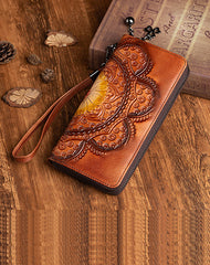 Womens Floral Brown Leather Wristlet Wallet Flower Zip Around Wallets Floral Ladies Zipper Clutch Wallets for Women