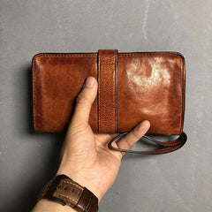 Handmade Genuine Leather Mens Cool Long Leather Wallet Biker Wallet Zipper Clutch Wristlet Wallet for Men