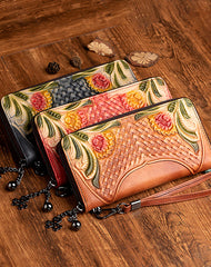 Handmade Black Leather Wristlet Wallet Womens Floral Zip Around Wallets Flowers Ladies Zipper Clutch Wallet for Women