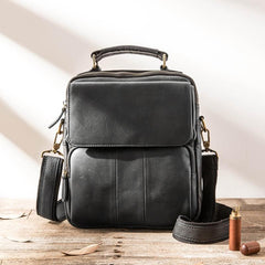 Black Leather Mens Vertical Small Briefcase Work Handbag Side Bag Business Shoulder Bag for Men