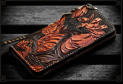 Handmade Leather Tooled Black and White Mens Chain Biker Wallet Cool Leather Wallet Long Phone Wallets for Men